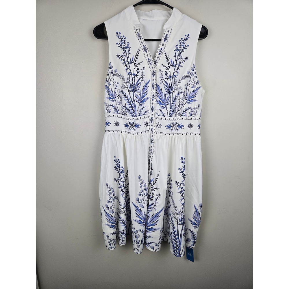 Cupshe Womens Blue White Floral Botanical Sleeveless V-Neck Mini A-Line Dress M - Picture 4 of 14